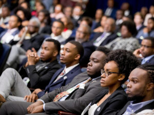 Members of the audience listen as Education Secretary Betsy DeVos speaks during the White House Summit on Historically Black Colleges and Universities at the White House yesterday.